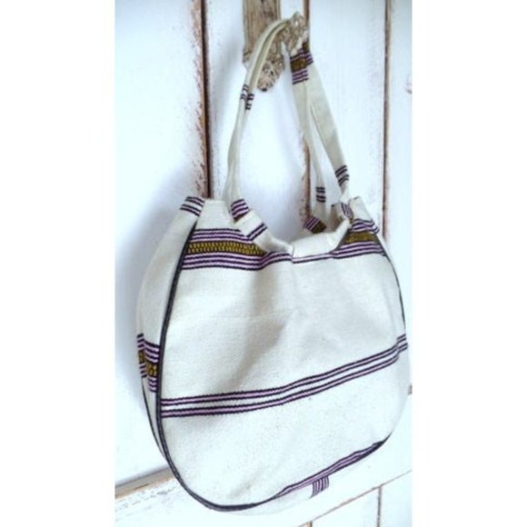 Vintage ivory striped cotton boho hippie shoulder bag - Picture 3 of 5